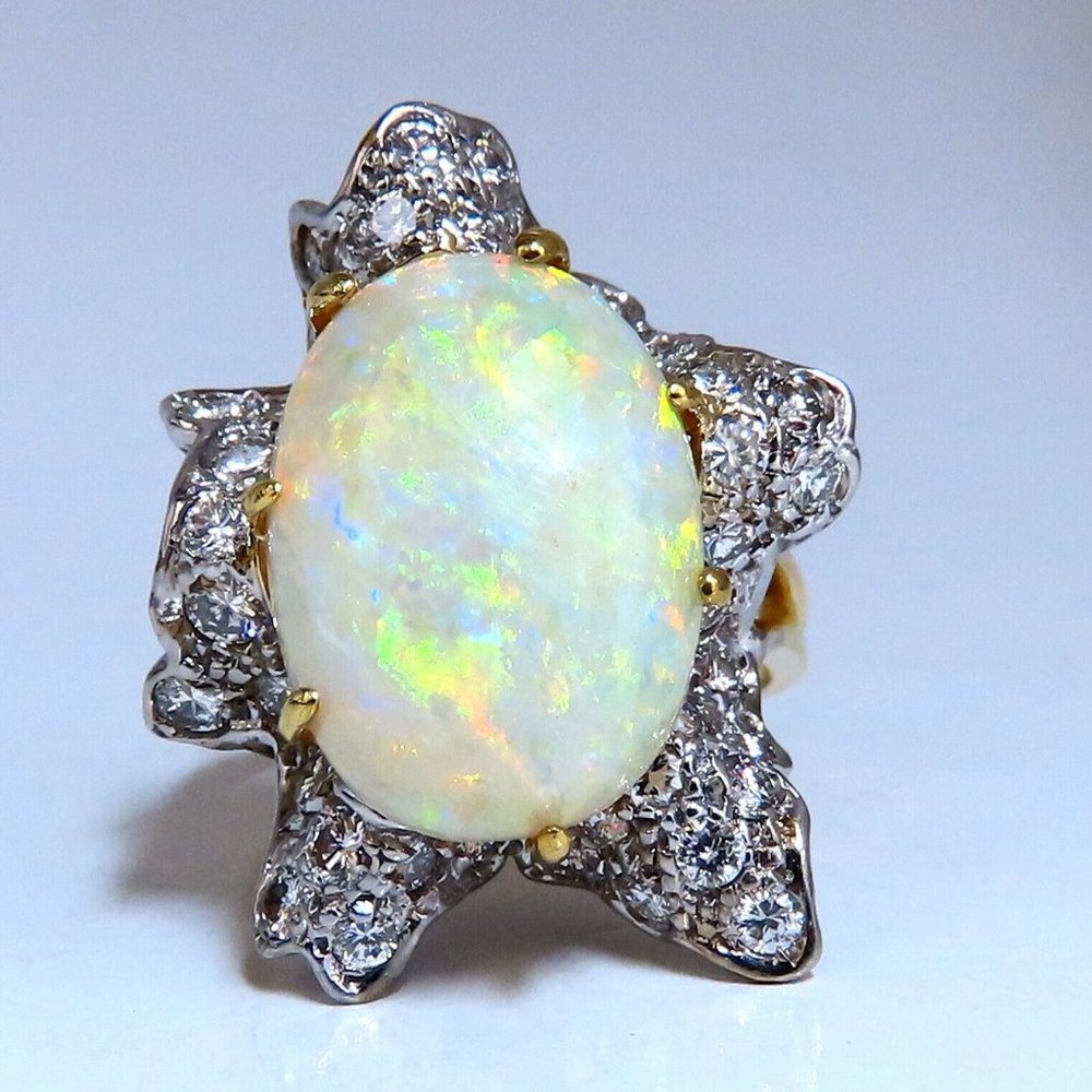 GIA Certified 8.04ct natural cabochon opal diamonds cocktail ring 14kt*